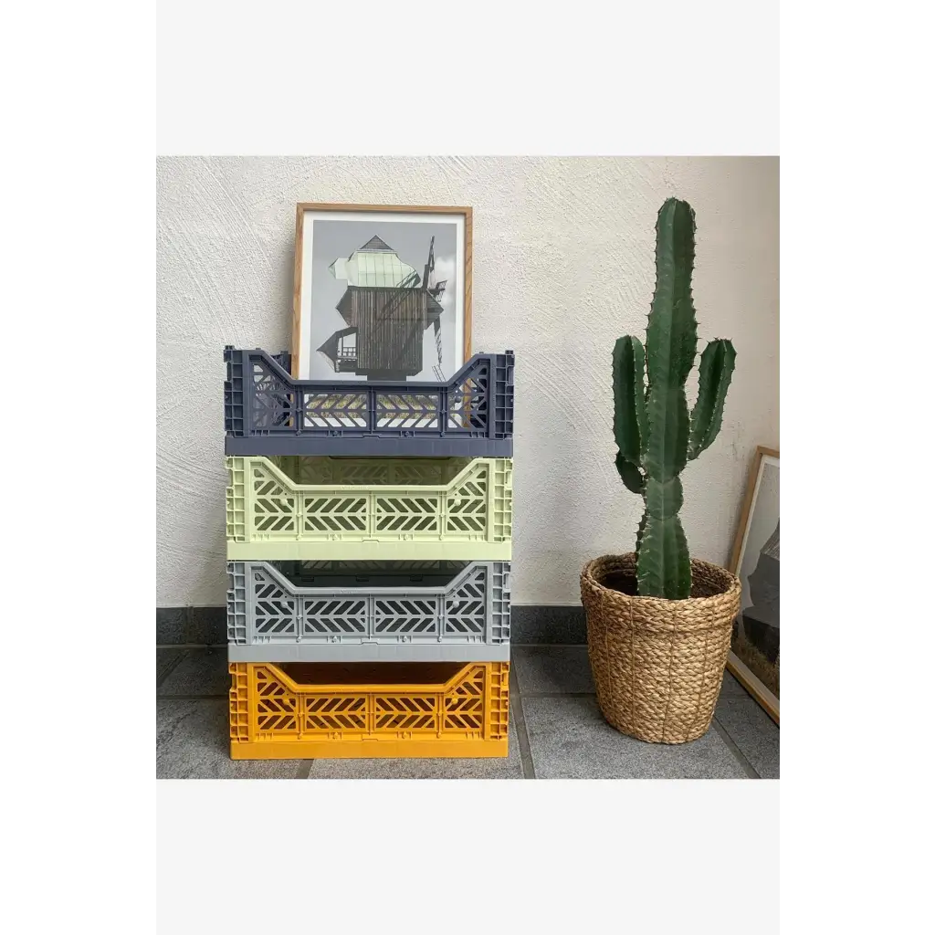 Foldable Storage Bins, Plastic Crate for Storage, Collapsible Crate, Utility Stackable Box Medium Mustard - Luna Crates