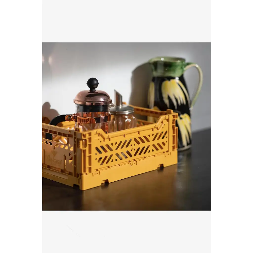 Foldable Storage Bins, Plastic Crate for Storage, Collapsible Crate, Utility Stackable Box Small Mustard - Luna Crates